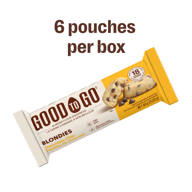 An individually wrapped GOOD TO GO Chocolate Chip Blondie.