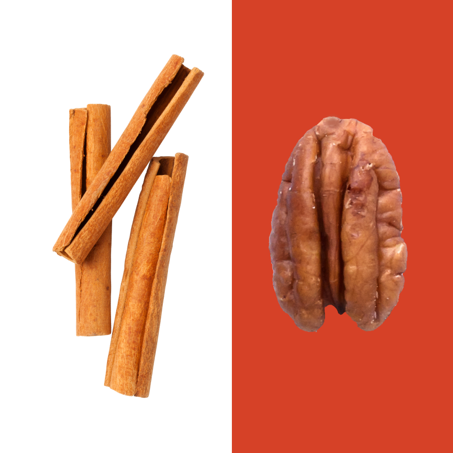 A stick of cinnamon and a single pecan.