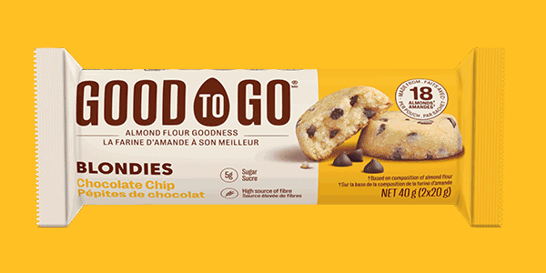 An individually wrapped pouch of GOOD TO GO Blondies, the perfect snack on the go.