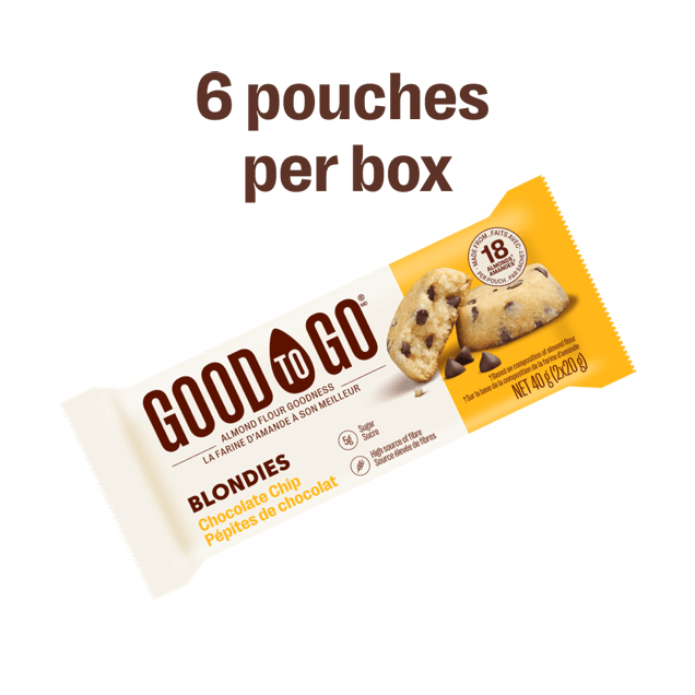 An individually wrapped GOOD TO GO Chocolate Chip Blondie.