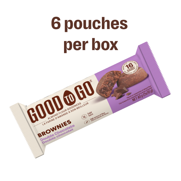 An individually wrapped pouch of GOOD TO GO Double Chocolate Brownies.