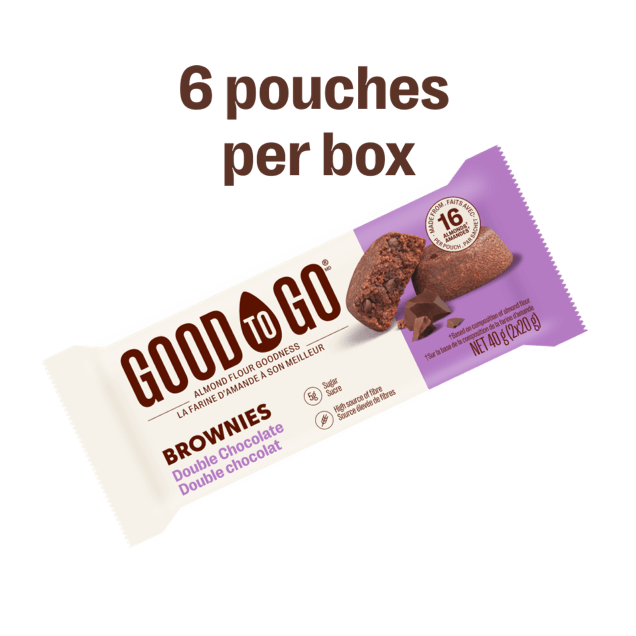 An individually wrapped pouch of GOOD TO GO Double Chocolate Brownies.