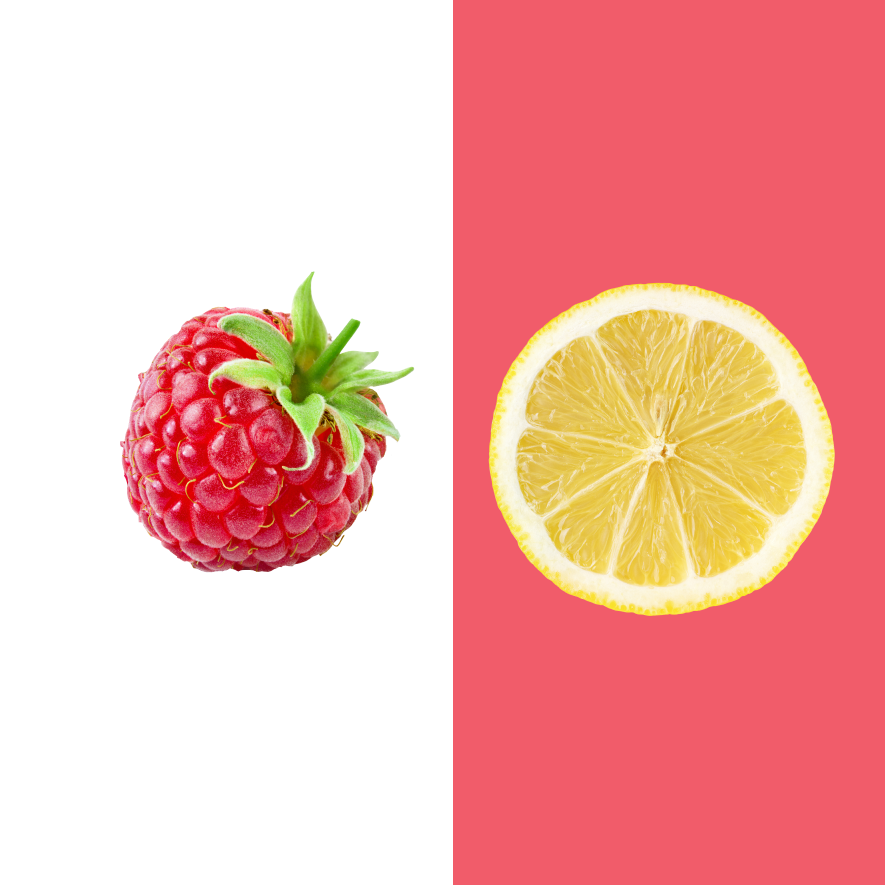 A single raspberry and a slice of lemon.